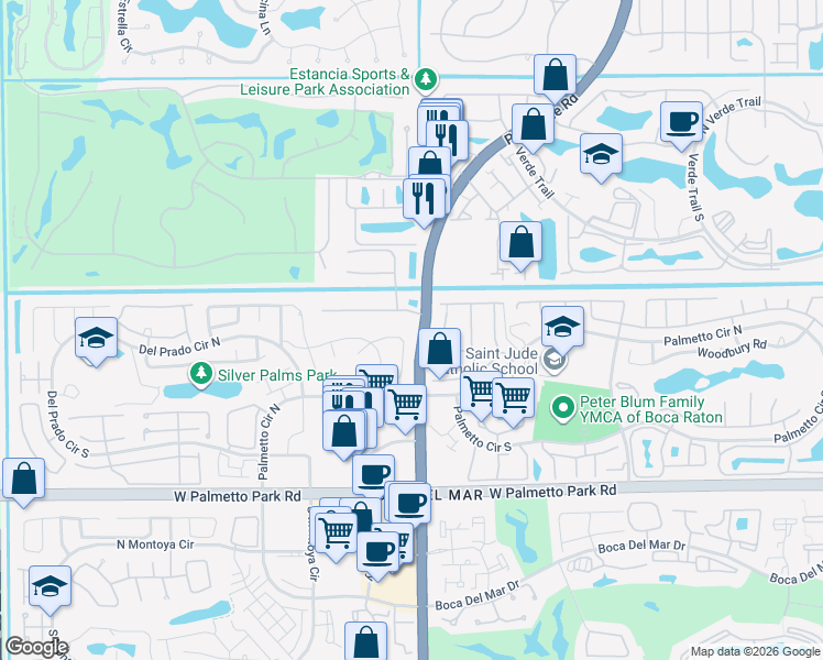 map of restaurants, bars, coffee shops, grocery stores, and more near 7047 San Sebastian Circle in Boca Raton