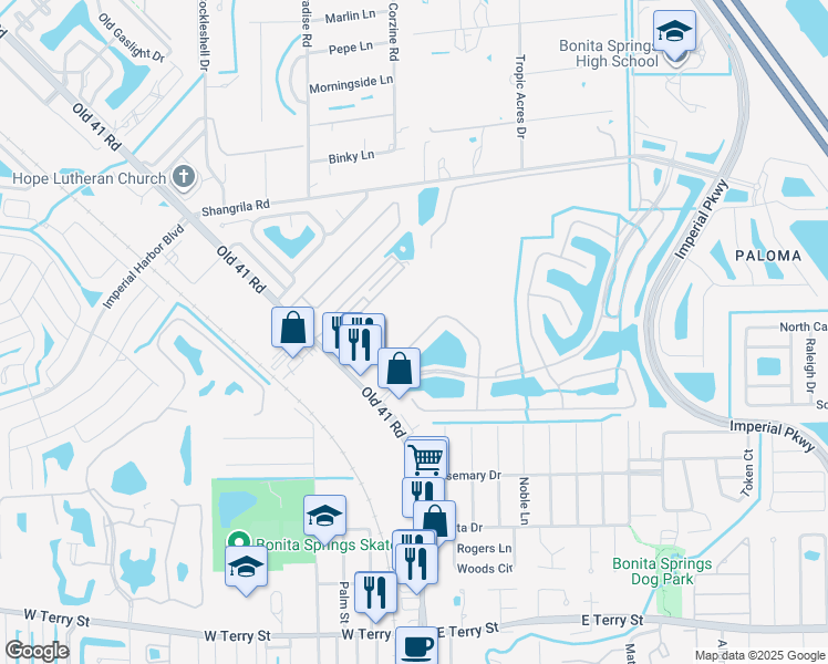 map of restaurants, bars, coffee shops, grocery stores, and more near 26437 Lucky Stone Road in Bonita Springs
