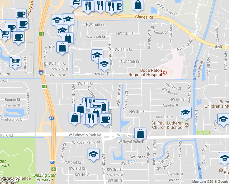 map of restaurants, bars, coffee shops, grocery stores, and more near 600 Northwest 12th Avenue in Boca Raton
