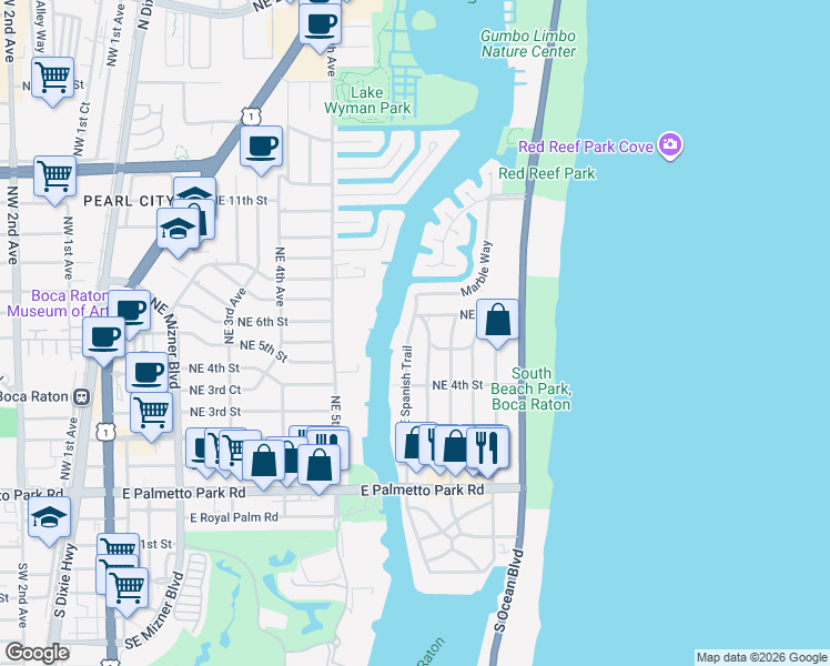 map of restaurants, bars, coffee shops, grocery stores, and more near 566 Northeast Spanish Trail in Boca Raton