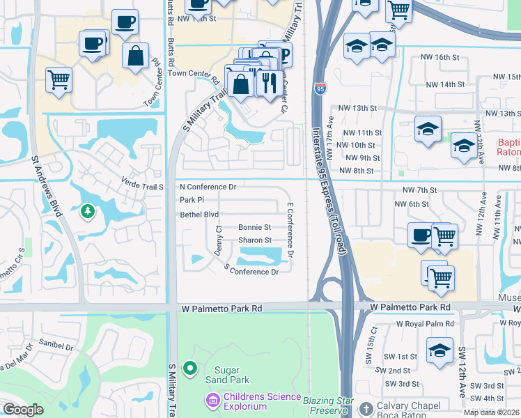map of restaurants, bars, coffee shops, grocery stores, and more near 2002 Park Place in Boca Raton