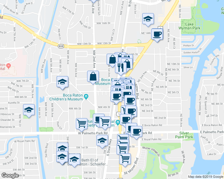 map of restaurants, bars, coffee shops, grocery stores, and more near 48 Northwest Hawthorne Place in Boca Raton