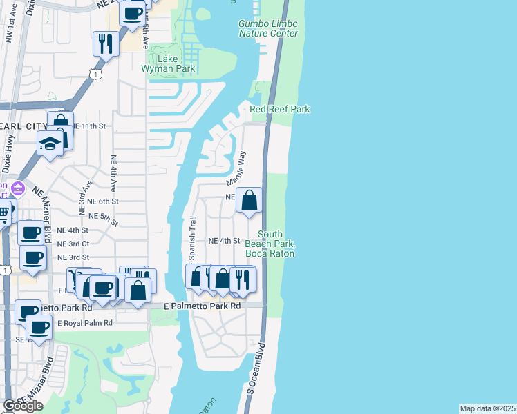 map of restaurants, bars, coffee shops, grocery stores, and more near 595 Northeast Wavecrest Way in Boca Raton