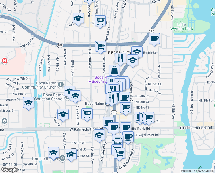 map of restaurants, bars, coffee shops, grocery stores, and more near 100 Northwest 7th Street in Boca Raton