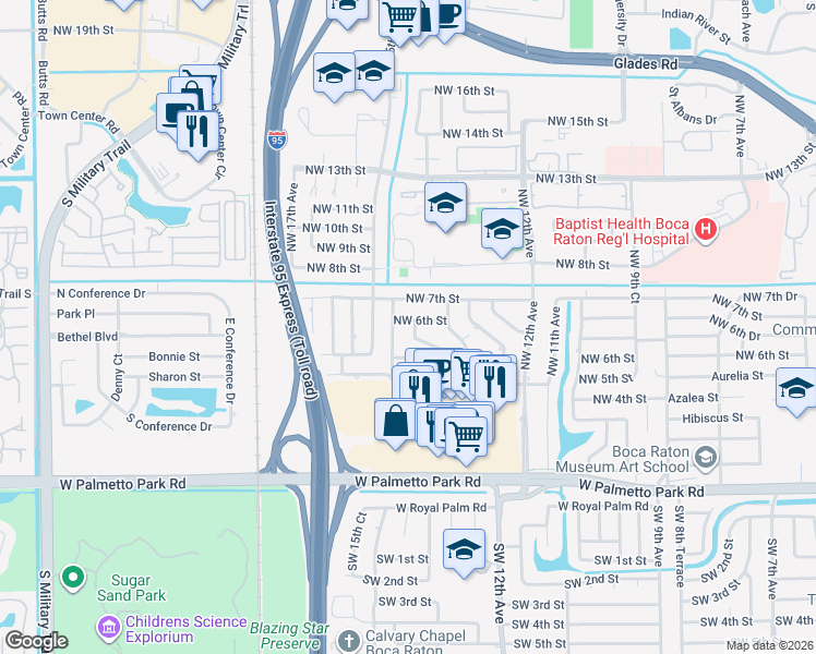 map of restaurants, bars, coffee shops, grocery stores, and more near 1399 Northwest 6th Street in Boca Raton