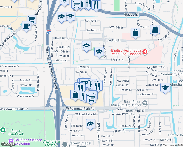 map of restaurants, bars, coffee shops, grocery stores, and more near 659 Northwest 12th Terrace in Boca Raton