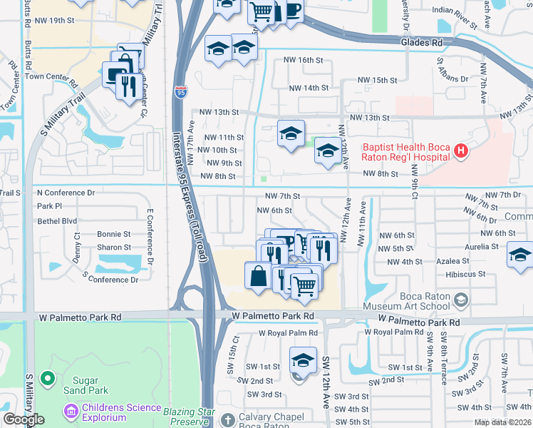 map of restaurants, bars, coffee shops, grocery stores, and more near 1399 Northwest 6th Street in Boca Raton
