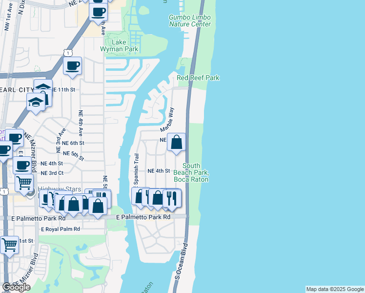 map of restaurants, bars, coffee shops, grocery stores, and more near 595 Northeast Wavecrest Way in Boca Raton