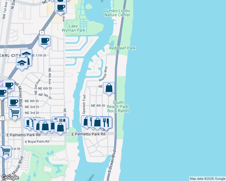 map of restaurants, bars, coffee shops, grocery stores, and more near 595 Northeast Wavecrest Way in Boca Raton