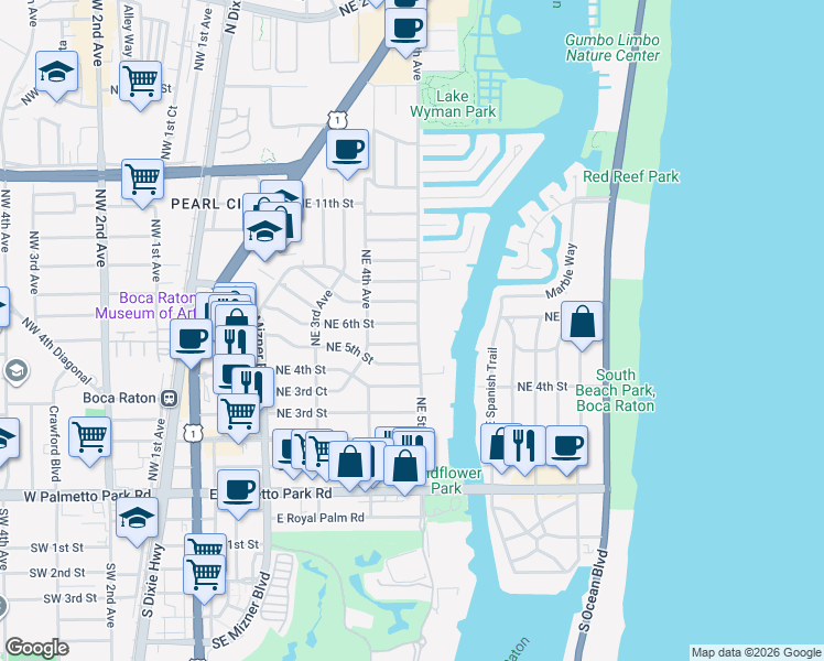 map of restaurants, bars, coffee shops, grocery stores, and more near 499 Northeast 6th Street in Boca Raton