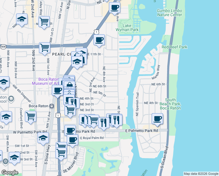 map of restaurants, bars, coffee shops, grocery stores, and more near 435 Northeast 6th Street in Boca Raton