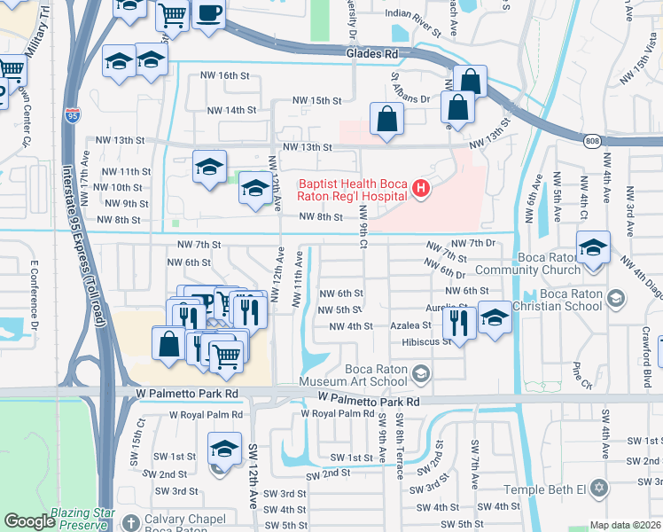 map of restaurants, bars, coffee shops, grocery stores, and more near 1057 Northwest 6th Drive in Boca Raton