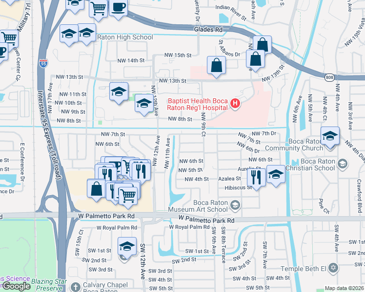 map of restaurants, bars, coffee shops, grocery stores, and more near 1057 Northwest 6th Drive in Boca Raton