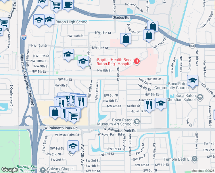 map of restaurants, bars, coffee shops, grocery stores, and more near 1044 Northwest 6th Drive in Boca Raton