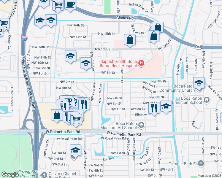 map of restaurants, bars, coffee shops, grocery stores, and more near 1057 Northwest 6th Drive in Boca Raton