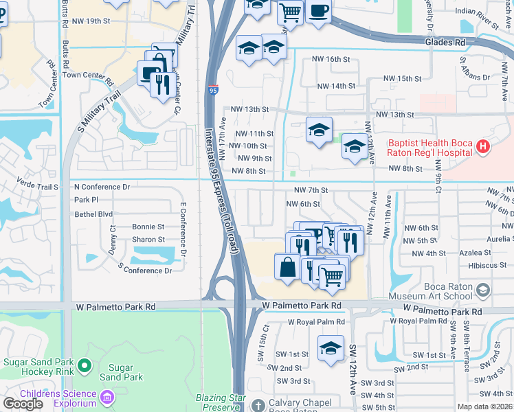 map of restaurants, bars, coffee shops, grocery stores, and more near 640 Northwest 15th Court in Boca Raton