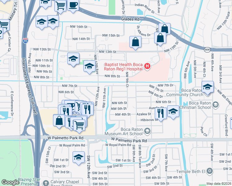 map of restaurants, bars, coffee shops, grocery stores, and more near 1044 Northwest 6th Drive in Boca Raton