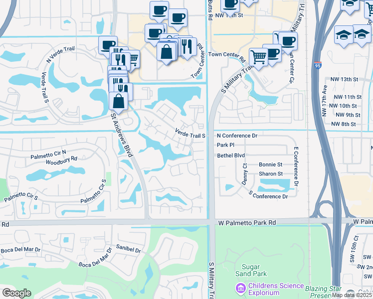 map of restaurants, bars, coffee shops, grocery stores, and more near 5600 Amersham Way in Boca Raton