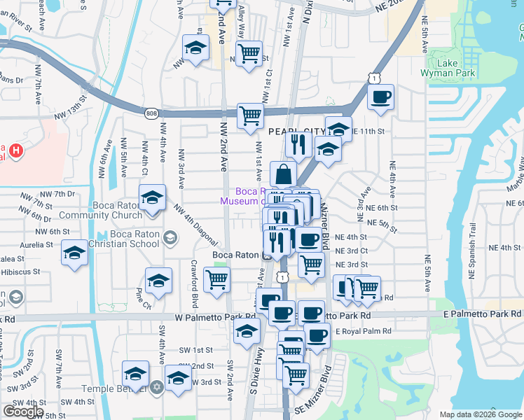 map of restaurants, bars, coffee shops, grocery stores, and more near 100 Northwest 7th Street in Boca Raton