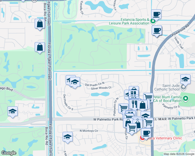 map of restaurants, bars, coffee shops, grocery stores, and more near 7658 Solimar Circle in Boca Raton