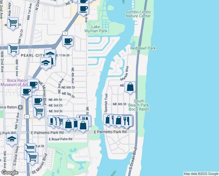 map of restaurants, bars, coffee shops, grocery stores, and more near 566 Northeast Spanish Trail in Boca Raton