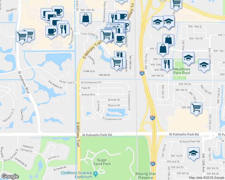 map of restaurants, bars, coffee shops, grocery stores, and more near 2002 Park Place in Boca Raton