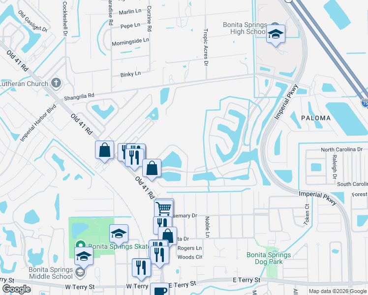 map of restaurants, bars, coffee shops, grocery stores, and more near 26485 Lucky Stone Road in Bonita Springs