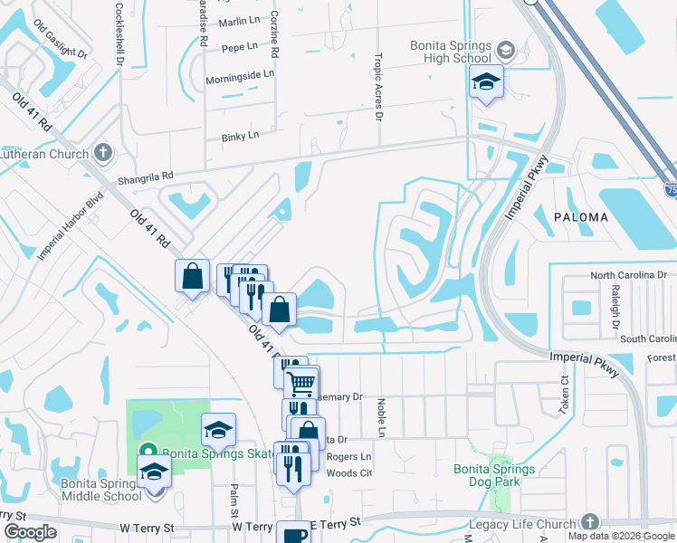 map of restaurants, bars, coffee shops, grocery stores, and more near 26485 Lucky Stone Road in Bonita Springs