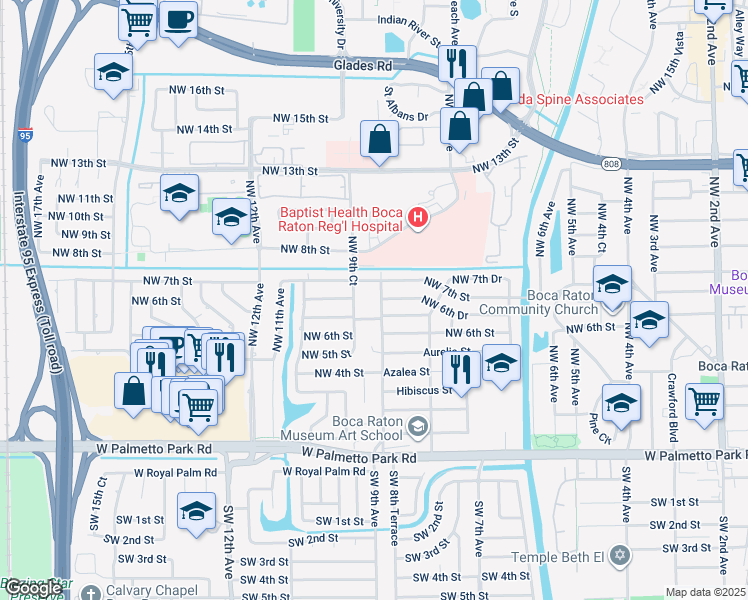 map of restaurants, bars, coffee shops, grocery stores, and more near 667 Northwest 9th Avenue in Boca Raton