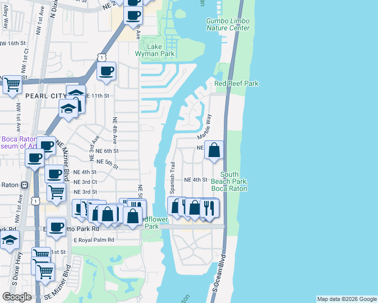 map of restaurants, bars, coffee shops, grocery stores, and more near 598 Northeast Olive Way in Boca Raton