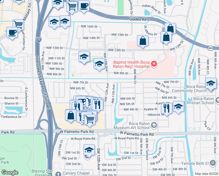 map of restaurants, bars, coffee shops, grocery stores, and more near 645 Northwest 11th Avenue in Boca Raton