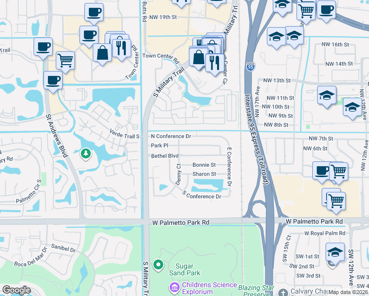 map of restaurants, bars, coffee shops, grocery stores, and more near 2082 Park Place in Boca Raton