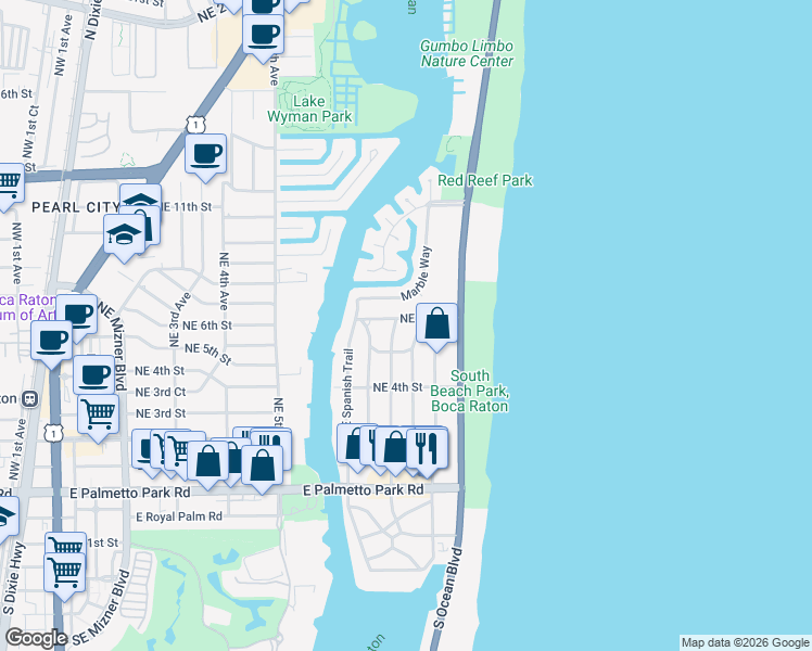 map of restaurants, bars, coffee shops, grocery stores, and more near 830 Northeast 6th Street in Boca Raton