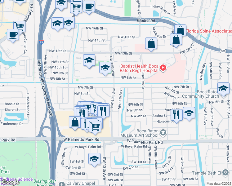 map of restaurants, bars, coffee shops, grocery stores, and more near 645 Northwest 11th Avenue in Boca Raton