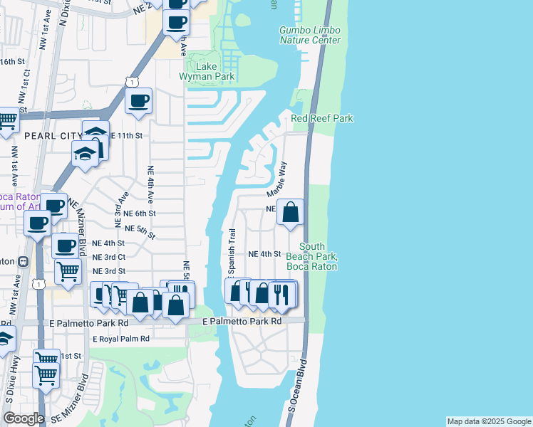 map of restaurants, bars, coffee shops, grocery stores, and more near 598 Northeast Olive Way in Boca Raton