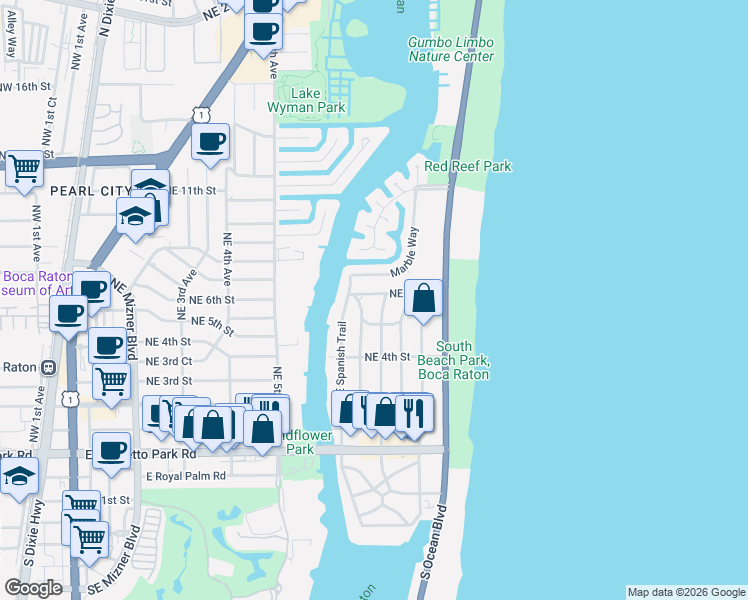 map of restaurants, bars, coffee shops, grocery stores, and more near 598 Northeast Olive Way in Boca Raton