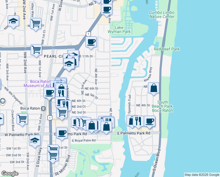 map of restaurants, bars, coffee shops, grocery stores, and more near Northeast 6th Street in Boca Raton