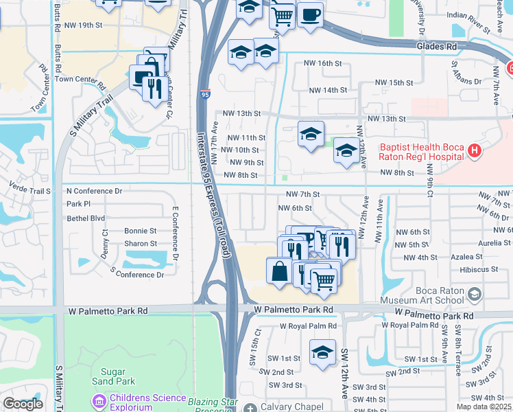map of restaurants, bars, coffee shops, grocery stores, and more near 640 Northwest 15th Court in Boca Raton