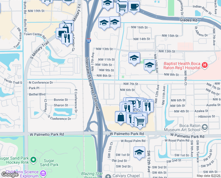 map of restaurants, bars, coffee shops, grocery stores, and more near 640 Northwest 15th Court in Boca Raton