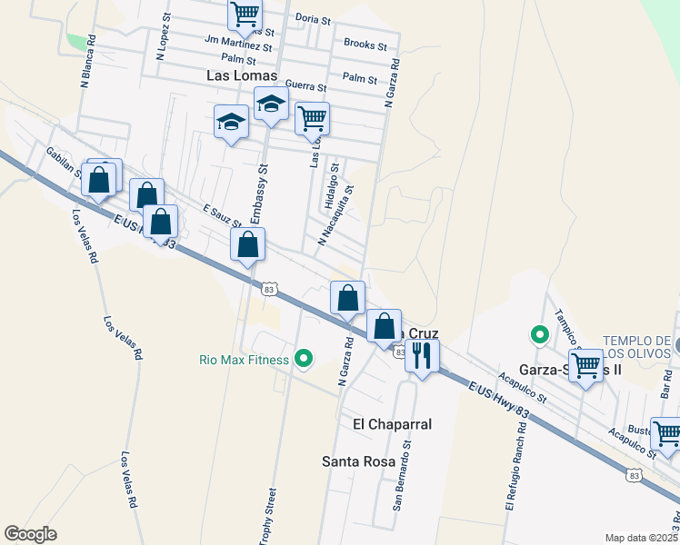 map of restaurants, bars, coffee shops, grocery stores, and more near 5466 East Sauz Street in Rio Grande City