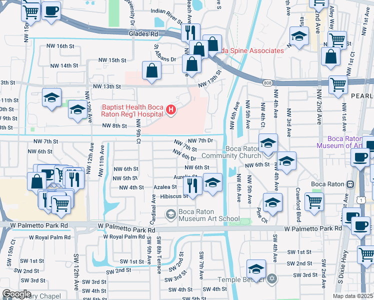 map of restaurants, bars, coffee shops, grocery stores, and more near 784 Northwest 7th Street in Boca Raton