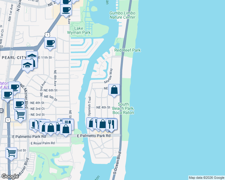 map of restaurants, bars, coffee shops, grocery stores, and more near 595 Northeast Wavecrest Way in Boca Raton