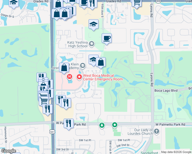 map of restaurants, bars, coffee shops, grocery stores, and more near 21694 Rainberry Park Circle in Boca Raton