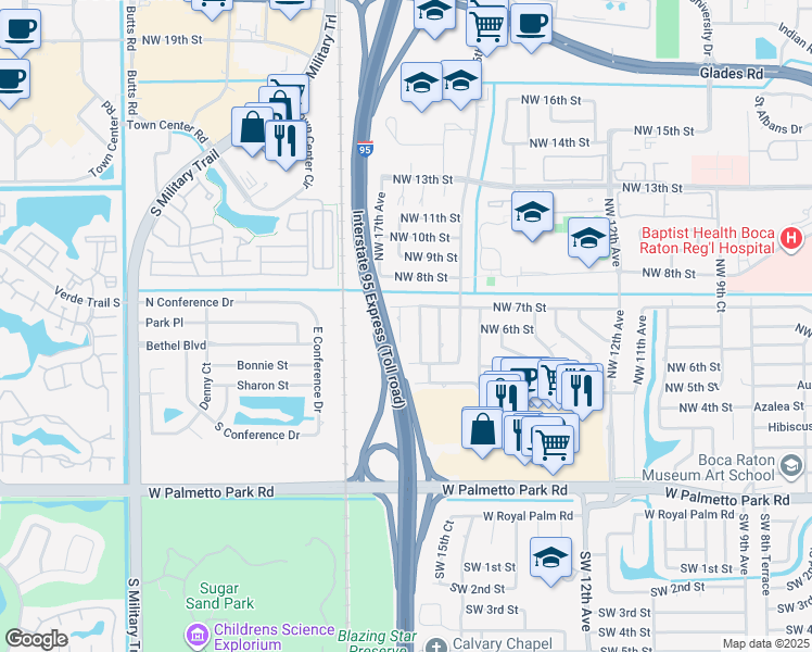 map of restaurants, bars, coffee shops, grocery stores, and more near 640 Northwest 16th Court in Boca Raton