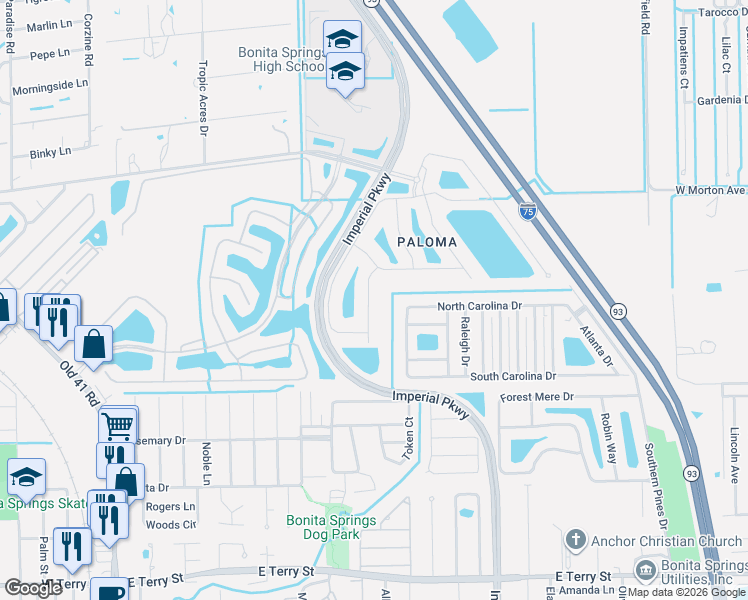 map of restaurants, bars, coffee shops, grocery stores, and more near 26260 Prince Pierre Way in Bonita Springs