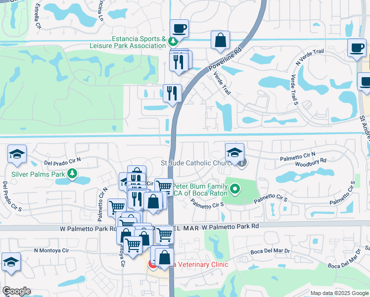 map of restaurants, bars, coffee shops, grocery stores, and more near 21560 Altamira Avenue in Boca Raton