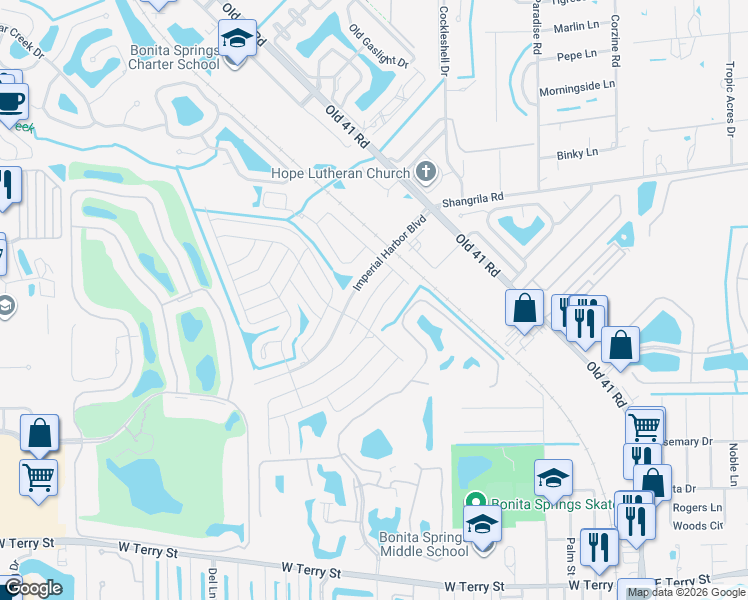 map of restaurants, bars, coffee shops, grocery stores, and more near 26154 Cabana Road in Bonita Springs