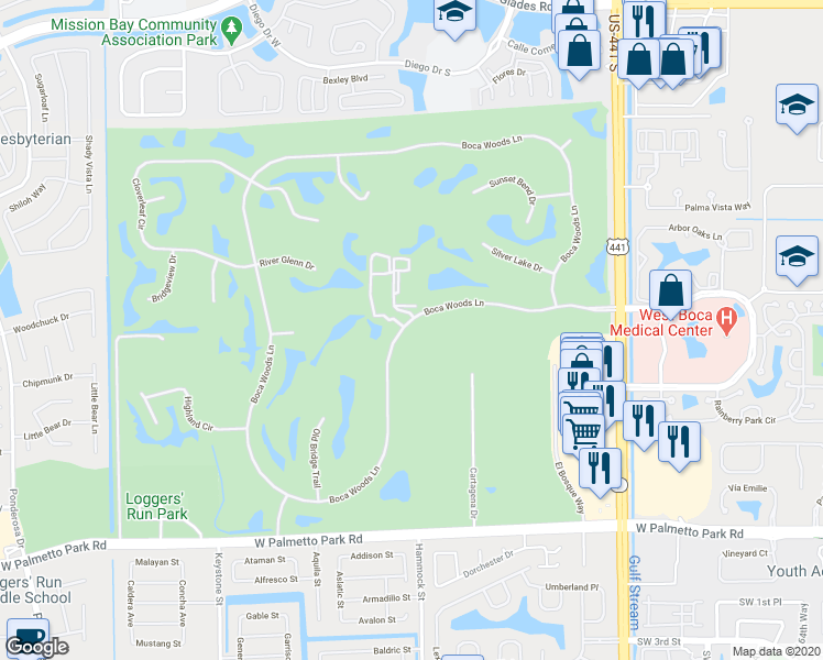 map of restaurants, bars, coffee shops, grocery stores, and more near 10486 Boca Woods Lane in Boca Raton