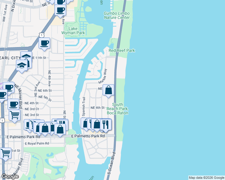 map of restaurants, bars, coffee shops, grocery stores, and more near 595 Northeast Wavecrest Way in Boca Raton