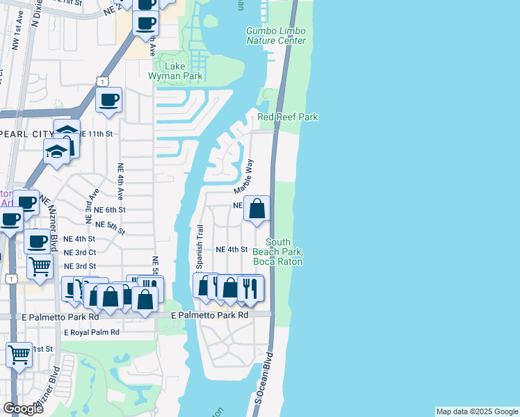map of restaurants, bars, coffee shops, grocery stores, and more near 595 Northeast Wavecrest Way in Boca Raton